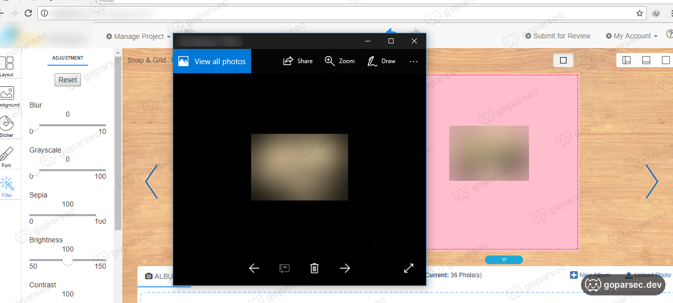 The book editor: a sepia filter set in the editor (left) and the same photo rendered by the generator (preview). Client photos blurred.